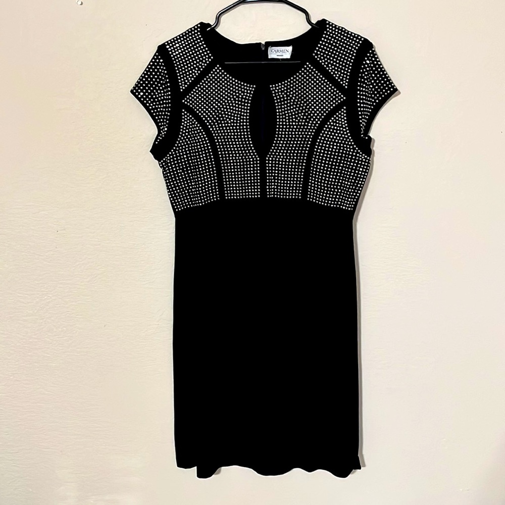 Carmen Marc Volvo Dress Black Rayon Silver Studded Trim Cap Sleeve Knee Length